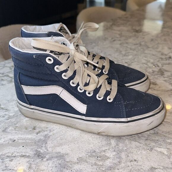 💙 Vans Sk8-Hi Navy & White High-Top Sneakers - Women’s 5.5 / Men’s 4 - Picture 3 of 6